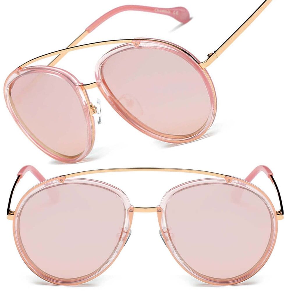 Circle Round Brow-Bar Fashion Pink Mirrored Lens Womens Sunglasses